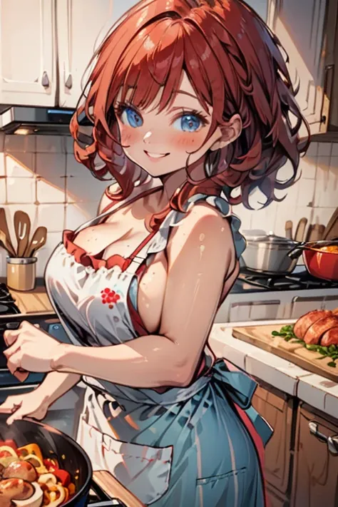 A woman with average height, with a curvy build; curly red hair; blue eyes; freckled face; a perpetually cheerful smile; soft breasts; cooking dinner in the kitchen; wearing an apron and nothing else; soft blur background, clear complexion