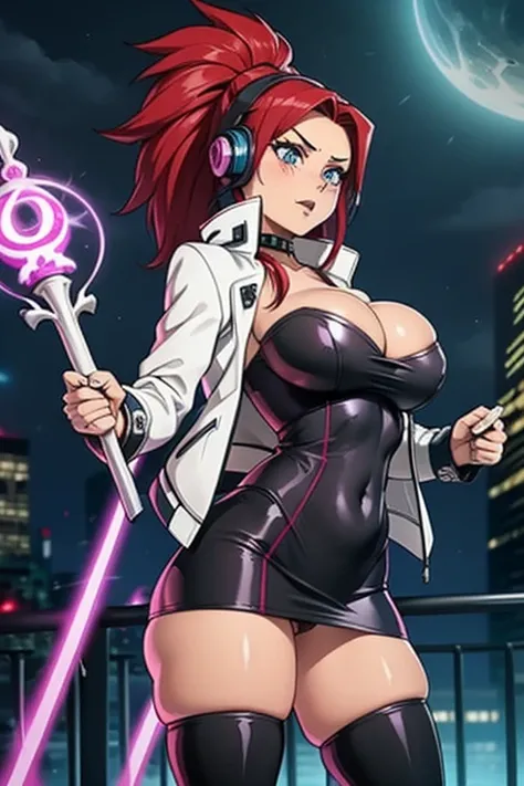 20 year old woman, busty, bubble butt, hourglass figure, skinny, blushing, shocked expression, horny, seductive, long hair, red hair, ponytail hair, wearing black headphones, white dress, cocktail dress, cropped jacket, biker jacket, black tights, black he...