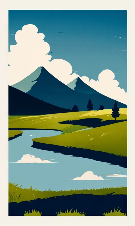 travel poster design, grassland, Blue sky, White Cloud, Image minimalist style