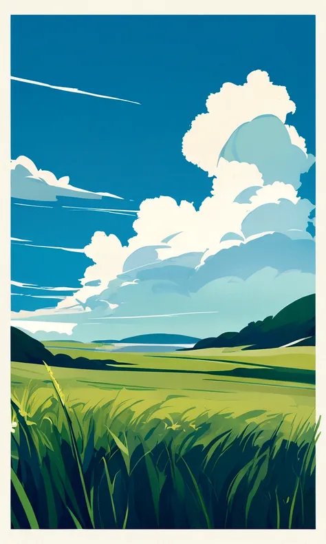 travel poster design, grassland, Blue sky, White Cloud, Image minimalist style