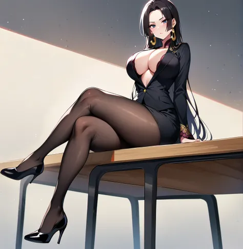 Boa Hancock,sitting on the table, sitting on the table,whole body,crossed legs, big breasts,I look at the viewer,I look with pity,a high resolution,High quality, masterpiece ,black tight black skirt, White shirt, black jacket,Black heels, Black Stockings ,...