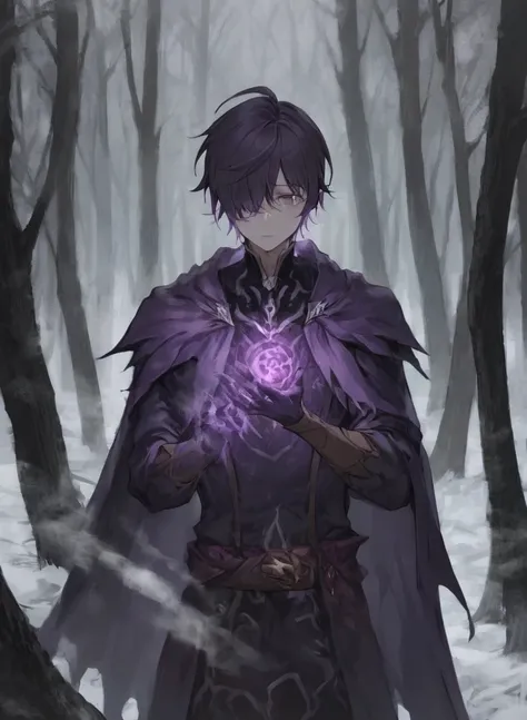 young man ,Male Dark, dark Woods, cold colors, Elf with puple eye, Warlock dnd, Elf
