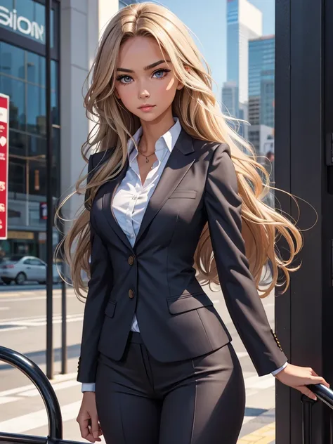 (best quality), 1girl, female, tanned skin, long hair, dark blonde hair, wavy hair, grey eyes, perfect eyes, business suit, masterpiece, anatomically correct, highres
