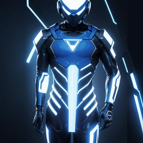 (masterpiece), (best quality), (high res) Solo, (perfect anatomy) Dronificated unknown man in a fully (enclosed blue latex full body suit) (white LEDs across the suit) (white glowing core in the chest), (enclosed cyber helmet) that cover his whole face and...