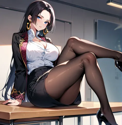 Boa Hancock,sitting on the table, sitting on the table,whole body,crossed legs, big breasts,I look at the viewer,I look with pity,a high resolution,High quality, masterpiece ,black tight black skirt, White shirt, black jacket,Black heels, Black Stockings ,...