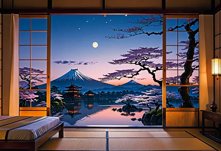 Another world in the night in the bedroom, beautiful scenery of Japan, before summer, Sengoku period ((masterpiece, best quality, 8K))