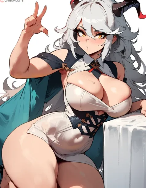 1girl, aegir (azur lane), azur lane  masterpiece, best quality, very aesthetic, absurdres, newest  perfect anatomy, slim body, ,perfect hands, , ,  by nyantcha,,by cutesexyrobutts,by khyle ///// white background, , , silvery white hair with a single promin...