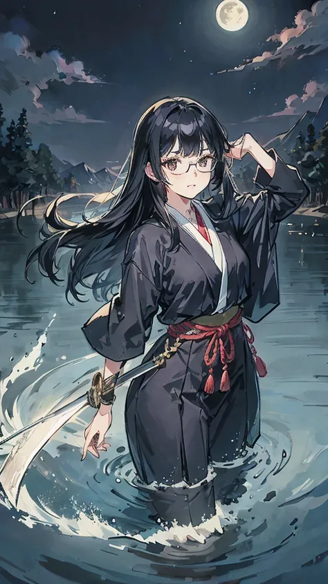 Black Hair　Straight Hair　Long Hair　Glasses　Japanese sword　moon　night　lake　One girl