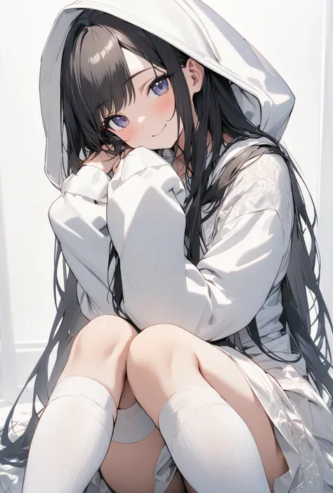 ((highest quality)), ((masterpiece)), ((Very detailed)), (Very cute),A gentle-looking woman with black hair and a smile, about 165cm tall，Smiling woman with long hair wearing a hoodie, alone, Cute attitude,(background(bright)，Long Hair - Straight，Knee-high...