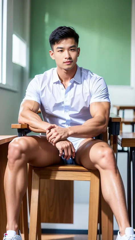 Masterpiece, best quality, High quality, วอลล์เปเปอร์ CG unity 8k ที่มีvery detailed, depth of field, HDR,,photorealistic,very detailed, 1 man sitting on a chair, Asia, black short hair, , (Thai , white shirt),  blue cargo shorts, chest muscles, Big arm mu...