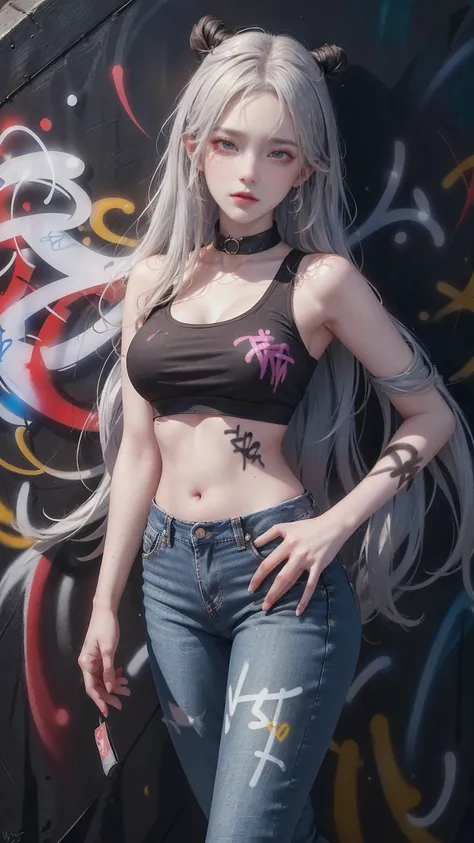 Kamisato Ayaka|Genshin Impact, masterpiece, best quality, 1 girl,25 years old, proportional body, Long legs, beautiful, proportional., Crop Top, Long jeans, Medium breasts, ,only, Crop Top, collar, (Graffiti:1.5), Splash with purple lightning pattern., Put...