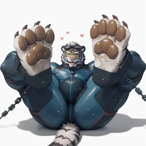 masterpiece, best quality, 8k resolution, Very detailed, hairy，(((White Tiger))，(((Mature)))，(((middle aged)))，(((blush)))，portrait，(((Green Eyes)))，(((white hair)))，(((goggles)))，(((Tight gel suit)))，(((Strong)))，muscle，Bulging buttocks，For the audience，(...