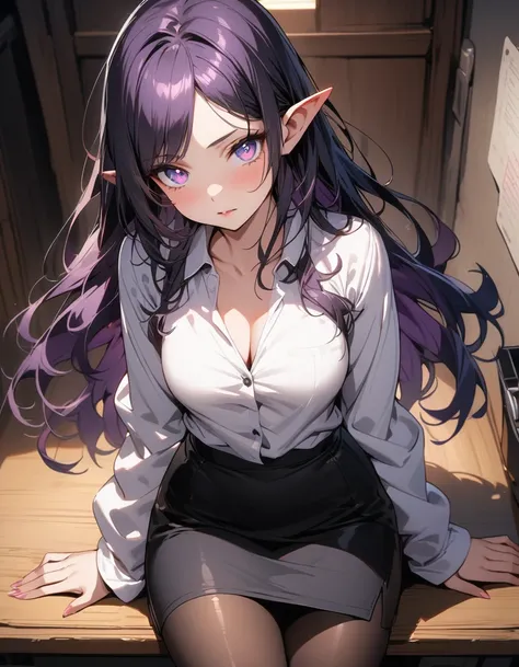 ((highest quality, masterpiece, ultra high definition, high resolution)), ((ultra-detailed illustrations:1.2)), 1 girl, solo, anime style, beautiful hair, parted bangs, loose hair, long hair, black hair, dark purple hair, multi colored hair, beautiful deta...