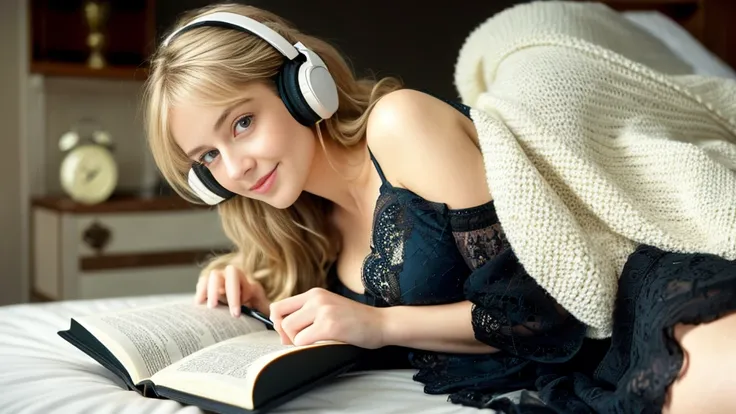 Beautiful blonde with big breasts in a black dress (Reading a book in bed late at night),Wearing headphones,Very detailed, 21 years old, Innocent face, Naturally Wavy Hair, blue eyes, High resolution, masterpiece, highest quality, Intricate details, Very d...