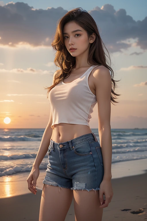 highest quality、4K、Perfect Face、Perfect Style、perfect body、Sunburn、beautiful、mature、long curly layer brown hair、Swept-back hair、full body, sexy 、charming、healthy、beautiful abs、sleeveless shirt、jeans、sunset