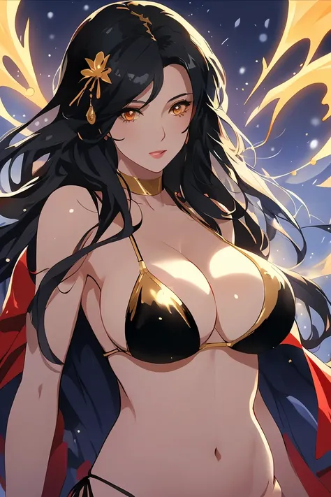  masterpiece, top quality, best quality, official art, beautiful and aesthetic, animation,, 1woman, black hair, golden eyes, long hair big sister, cold, shiny eyes, big chest, milf, bikini ,