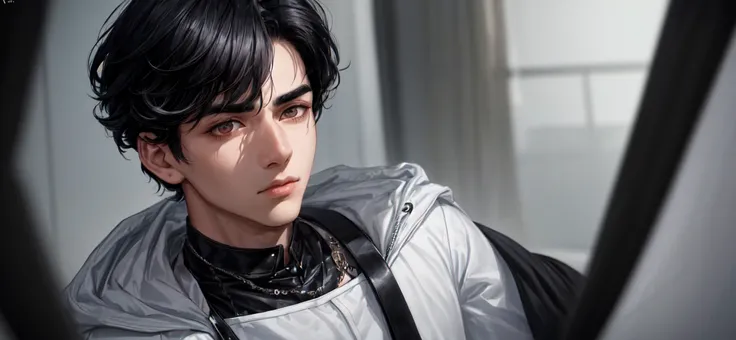 There is a young man, with black hair, staring to the side, with gloomy air, masterpiece, best quality, realistic, 1 man, male focus, handsome, [thick eyebrows], portrait, extremely detailed face, black hair, (short hair)