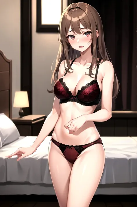 ((highest quality)), ((masterpiece)), (detailed),Perfect hands,Perfect Fingers,One girl,very cute,Light brown hair,Straight Hair,Medium Long Hair,Big Breasts,Embarrassed look, Sexy red lace bra, String Panties,Seductive pose,Bedroom at home,