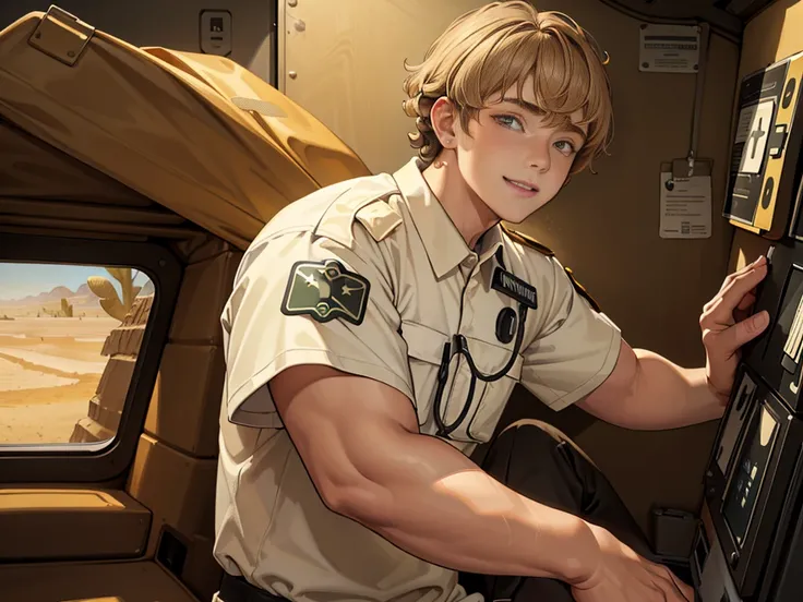 (masuter piece, best quality, very detailed), (fine face), 1 boy, 13 year old boy、standing、from the waist up、golden hair、curly hair、bangs、lots of bangs、brown Eyes、Slight smile、Plump、t-shirt 、Game graphics、Ilya Repin , (in desert:1.5) , (ambulance:1.5)