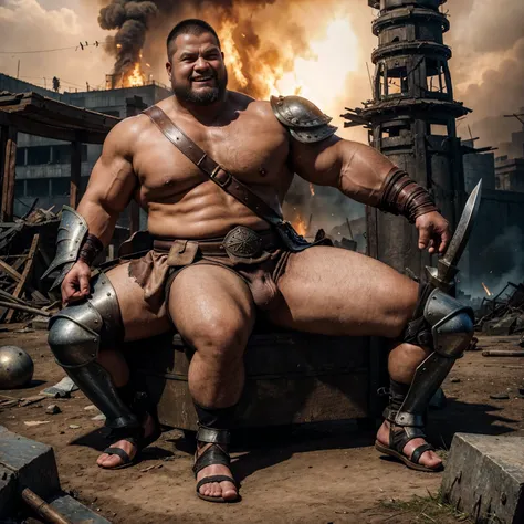 looking at us, Staring Intently, face focus, Bandit, Fat ferocious barbarian:2, This barbarian is a robust stocky Japanese, smirking, lets out a yell, mid combat, intense battle scene, leather and iron armor, armored short skirt, holding a Viking War Axes,...