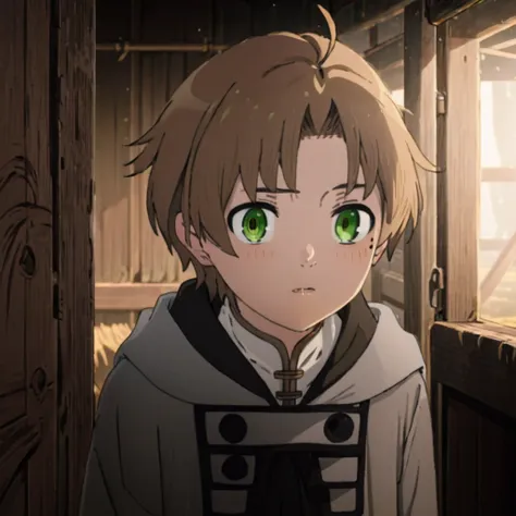 12-year-old boy, (Rudeus Greyrat:1.2), Standing alone in a wooden village,Extend your right hand forward、
He has small green eyes and brown hair.,
His face, with a mole under his left eye, is very detailed and smooth.、Soft lighting and detailed environment...