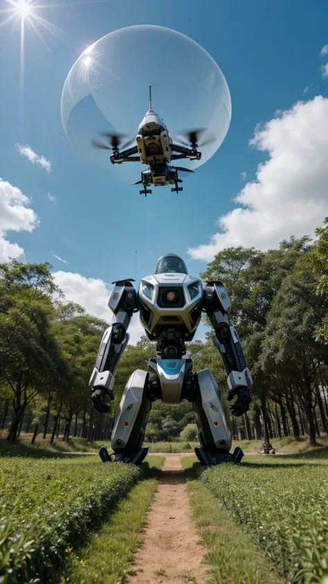 "Imagine a futuristic park protected by a dome, onde natureza e tecnologia se fundem. The robotic tiger lives in **Cyber Forest**, with metallic trees and rivers of mercury. The robotic eagle flies in the **Virtual Sky**, an LED dome with aerial landscapes...