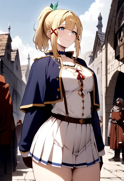 highest quality, (masterpiece:1.2), detailed, Medieval, Ugly Tingel, One girl, alone, Mouth closed, A light smile, Medium Hair, Blonde Hair, Short Ponytail, blue eyes, Green ribbon, x Hair accessories, , suspenders, blue capelet, White shirt, Blue choker, ...