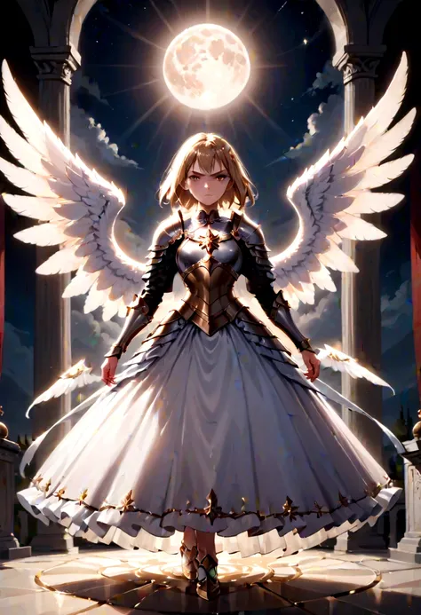 (a model shot taken from the back: 1.5), female angel (masterpiece, intense details: 1.3), paladin, holy warrior, short blond ha...