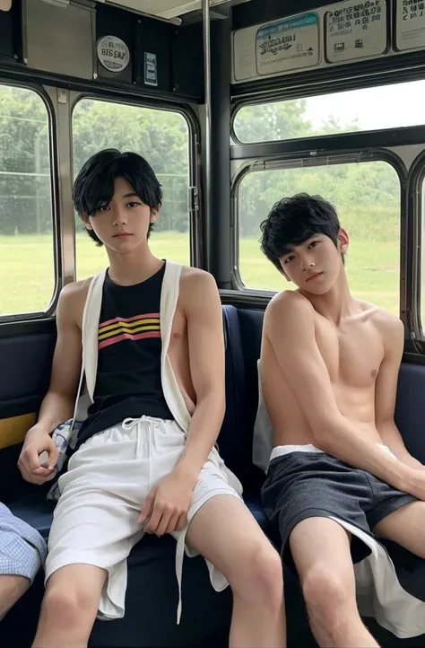 two beautiful boys、Japanese、Cute Boys、Dark Eyes、Black Hair、18 years old、、,Men with short black hair, In the bus, No shirt, No pants, , No pubic hair, Upper body naked、Polo shirt、Shorts