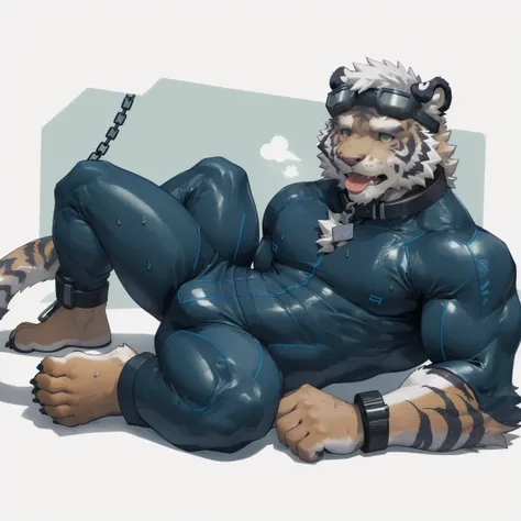 masterpiece, best quality, 8k resolution, Very detailed, hairy，(((White Tiger))，(((Mature)))，(((middle aged)))，(((blush)))，portrait，(((Green Eyes)))，(((white hair)))，(((goggles)))，(((Tight gel suit)))，(((Strong)))，muscle，Bulging buttocks，For the audience，(...