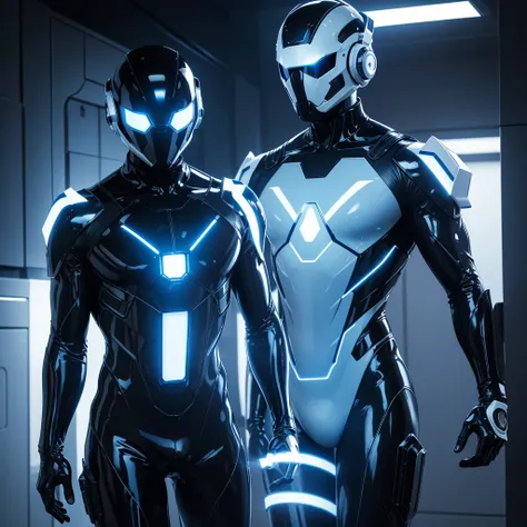 (masterpiece), (best quality), (high res) Solo, (perfect anatomy) Dronificated unknown man in a fully (enclosed blue latex full body suit) (white LEDs across the suit) (white glowing core in the chest), (enclosed cyber helmet) that cover his whole face and...