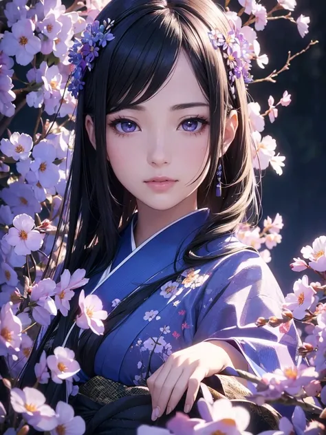 a beautiful woman in a kimono with long japanese black hair,standing in a field of blooming blue morning glory flowers,sparkling amethyst eyes,(best quality,4k,8k,highres,masterpiece:1.2),ultra-detailed,(realistic,photorealistic,photo-realistic:1.37),HDR,U...