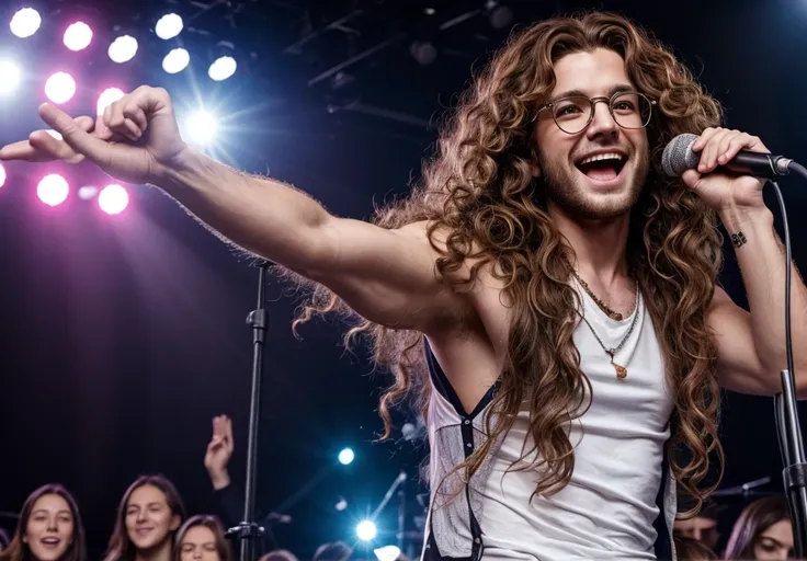 Long brown hair with curly ends, A pale-skinned man wearing glasses, masterpiece, highest quality, Realistic, Very detailed, Concert, Impressive, rock star , rock concert,The excited crowd at the back