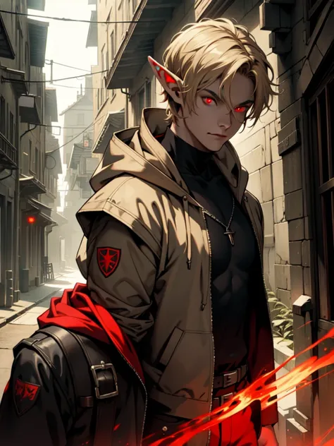 An elf man with short beige hair, red glowing eyes, wearing techno jacket, hood, town, masterpiece, best quality, high resolution