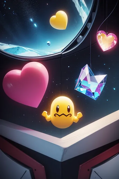 The image shows a brightly coloured PacMan holding a crystal heart in his hand. PacMan looks at the heart with a melancholy look on his face while Elon Musk looks at PacMan hiding in the corner and laughs. 