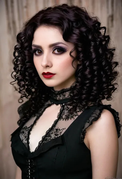 Beautiful woman with curly hair and dark eyes, goth