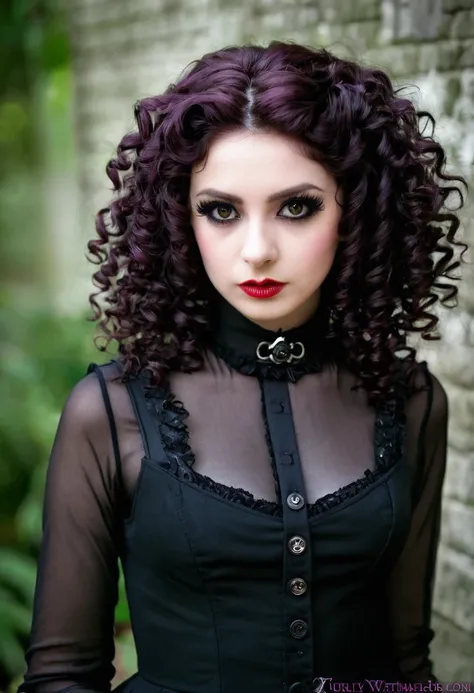 Beautiful woman with curly hair and dark eyes, goth