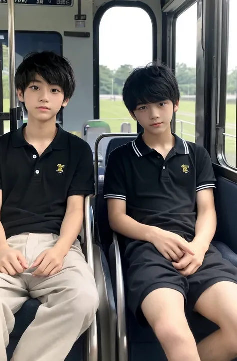 two beautiful boys、Japanese、Cute Boys、Dark Eyes、Black Hair、18 years old、、,Men with short black hair, In the bus,  Upper body naked、Polo shirt、Shorts