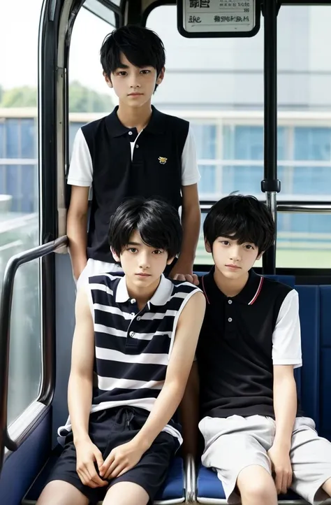 two beautiful boys、Japanese、Cute Boys、Dark Eyes、Black Hair、18 years old、、,Men with short black hair, In the bus,  Upper body naked、Polo shirt、Shorts