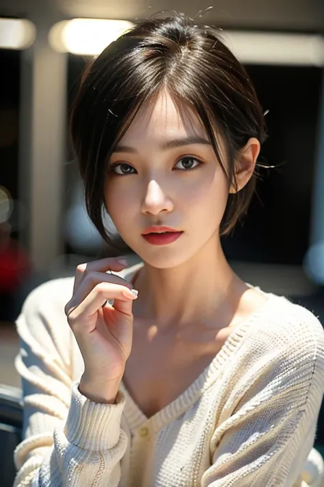 Woman in her early 30s、Dark brown hair、short hair、simple((masterpiece、highest quality、Very detailed、High resolution、Realistic、Sharp focus、Cinema Lighting))、(1 girl)、Bust Shot、Beautiful Face、Realistic Face、(Black Hair、Boyish short hair、Cut out)、Beautiful ha...