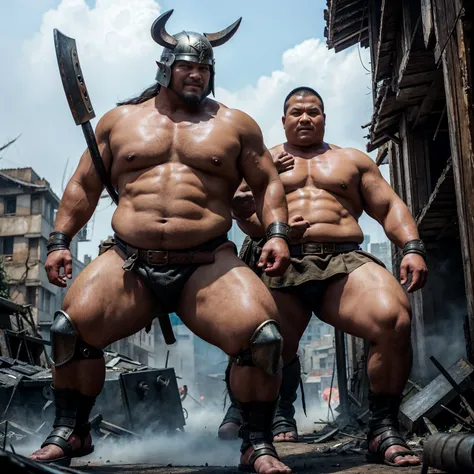 looking at us, Staring Intently, face focus, Bandit, Fat ferocious barbarian:2, This barbarian is a robust stocky Japanese, smirking, lets out a yell, mid combat, intense battle scene, leather and iron armor, armored short skirt, holding a Viking War Axes,...