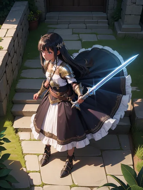 最high quality、high quality、10 years old、Girl Adventurer、Climb the labyrinth stairs、Light Armor、Long skirt、Skirt lining、Translucent slip、Holds a legendary spear and a small shield、Monsters in the distance