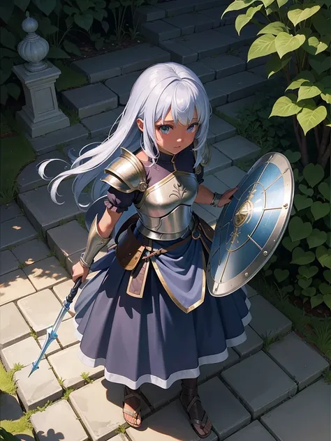 最high quality、high quality、10 years old、Girl Adventurer、Climb the labyrinth stairs、Light Armor、Long skirt、Skirt lining、Translucent slip、Holds a legendary spear and a small shield、Monsters in the distance