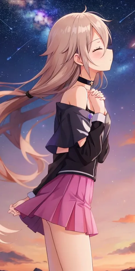 one girl, IA, Aria on the Planetes, off shoulder, black shirt, short skirt, choker, from side, starry sky, look at the sky, pray for stars, close eyes, praying hands, long hair