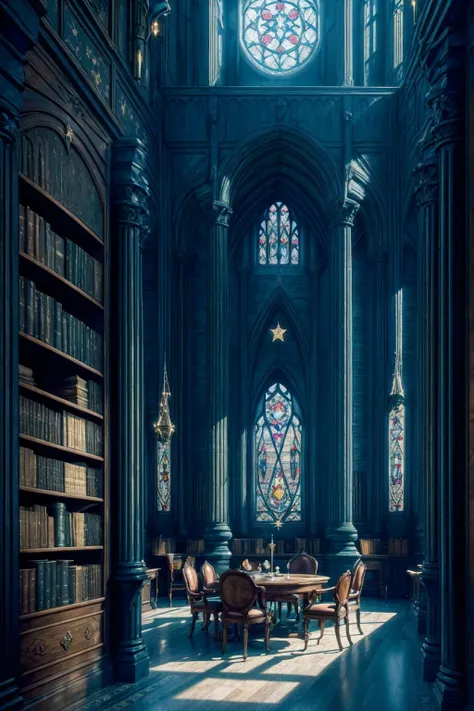 Castle towers, Harry Potter, Ravenclaw, lounges, arched windows, blue silk hanging on the walls, domed ceilings painted with stars, dark blue carpets with stars, tables, chairs, bookshelves on the floor  