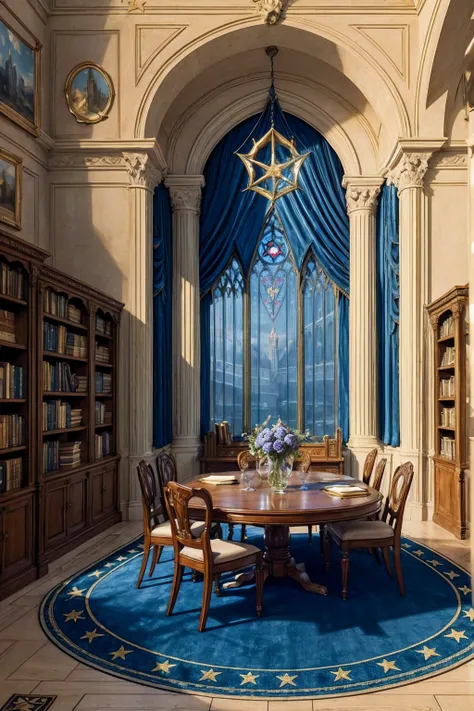 Castle towers, Harry Potter, Ravenclaw, lounges, arched windows, blue silk hanging on the walls, domed ceilings painted with stars, dark blue carpets with stars, tables, chairs, bookshelves on the floor  