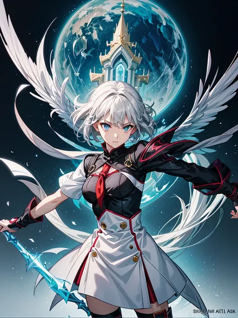 1girl、Dynamic composition、(((highest quality、Masterpiece、Official Art、Dynamic composition、Fine hair)))、Anime Style、Anime girl with white hair and blue eyes holding a shield, Blue Magic Circle, ice magic, Best Anime 4K Konachan Wallpaper, Gray-haired deity,...