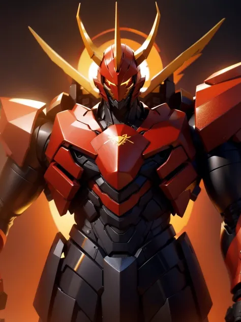 Robot, red mono eye, red body, high quality, golden horns on head, heavily armored,Robot, red mono eye, red body, high quality, golden horns on head, heavily armored, reddish-black shoulders, arm armor is an austere shade, sunset background,