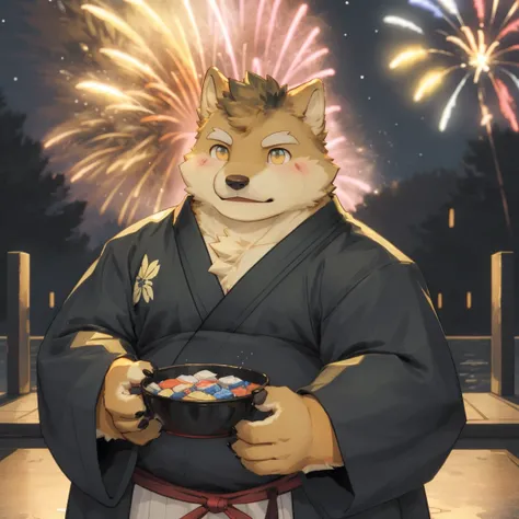 masterpiece, best quality, 8k resolution, Very detailed, hairy，Shiba Inu，Black Hair，fur，Chubby，(((Golden Eyes)))，Chubby face，blush，portrait，blush，kimono，For the audience，Highest quality scenes，solitary，solitary，lol，upright，night，fireworks