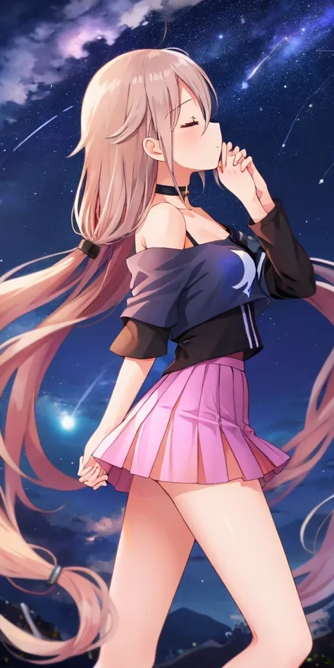 one girl, IA, Aria on the Planetes, off shoulder, black shirt, short skirt, choker, from side, starry sky, look at the sky, pray for stars, close eyes, praying hands, long hair